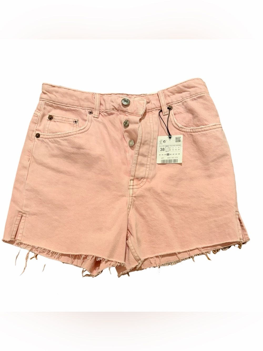 Zara NWT Blush Pink High Rise Raw Hem Button Fly Denim Shorts Size 6